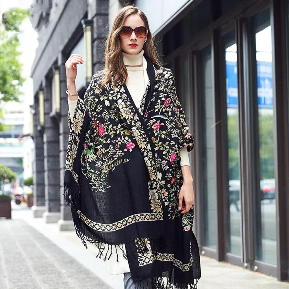 Premium Wool Shawl Ladies Long Cape - Elegant Black Triangle Scarf with Plant and Flower Pattern