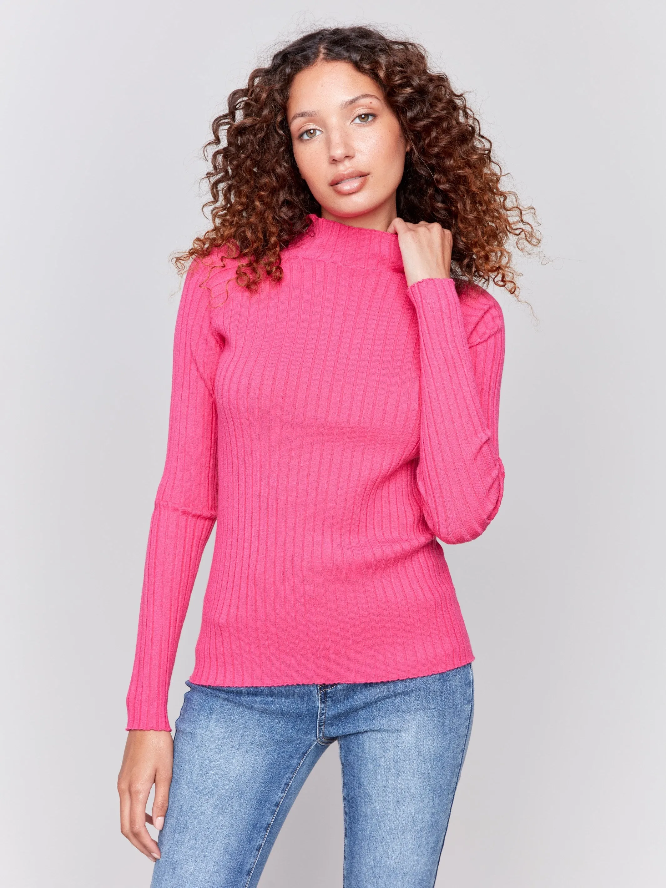 Ribbed Knit Mock Neck Sweater - Magenta