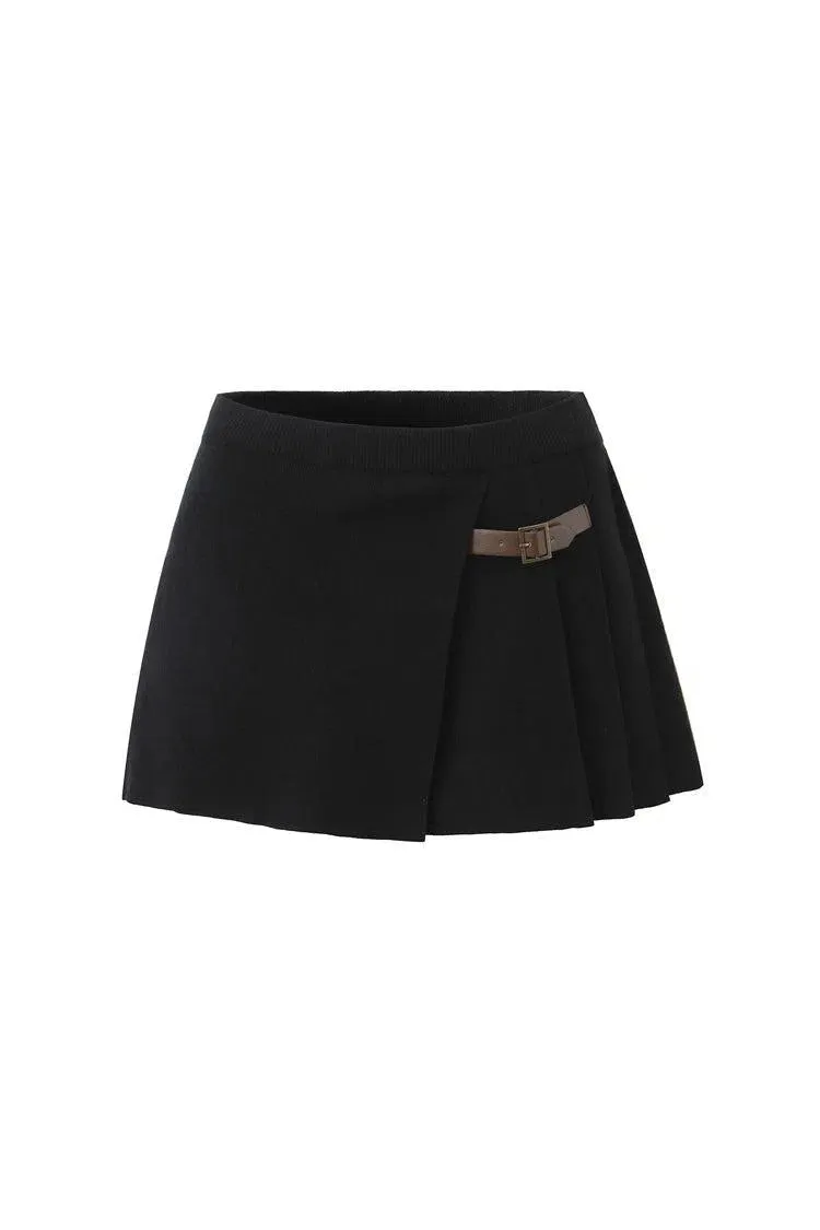 Santina – Buckle-belted detail – Pleated knit mini skirt