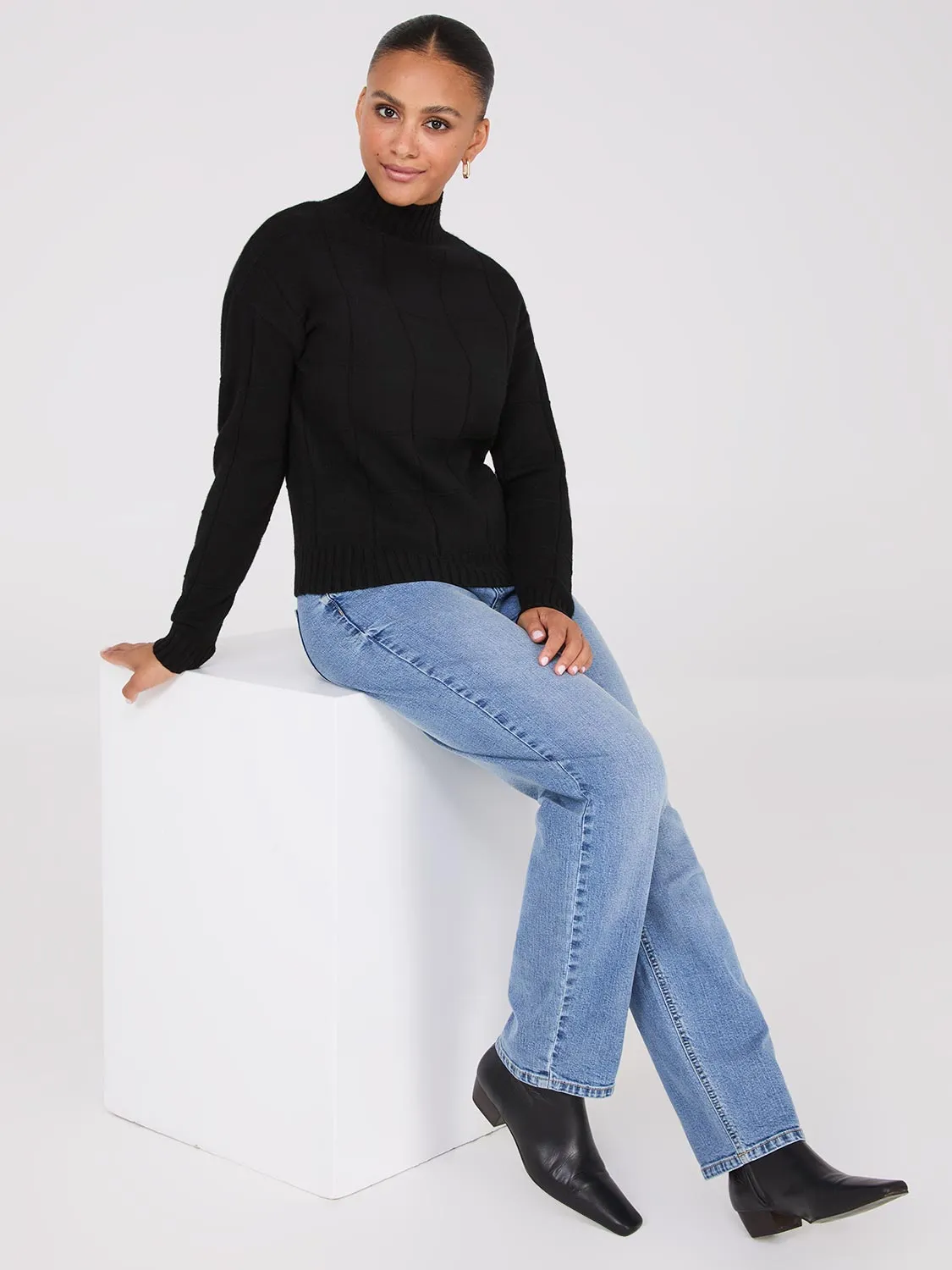 Square Pattern Mock Neck Sweater