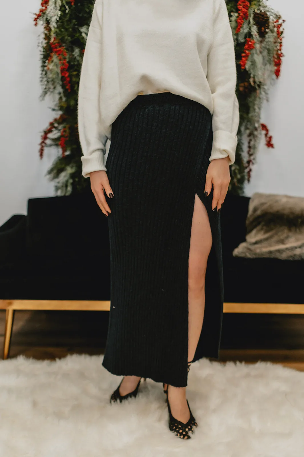 The Better Days Midi Knit Skirt by Free People - Black Combo