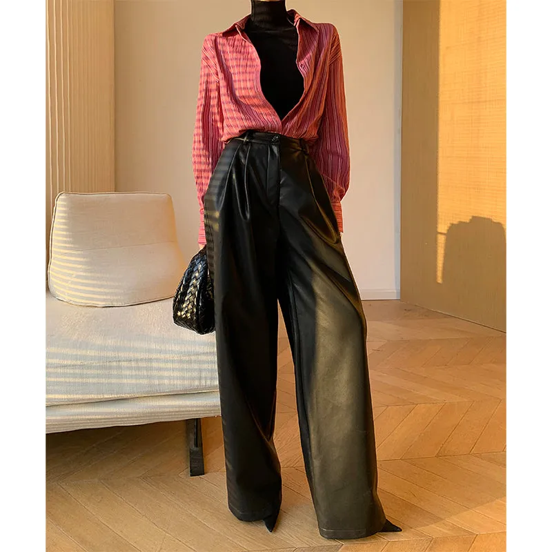 WANXO red retro vegan leather pants new high waist wide leg pants casual straight mopping trousers- Liliana