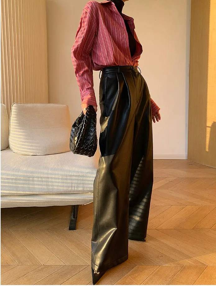 WANXO red retro vegan leather pants new high waist wide leg pants casual straight mopping trousers- Liliana