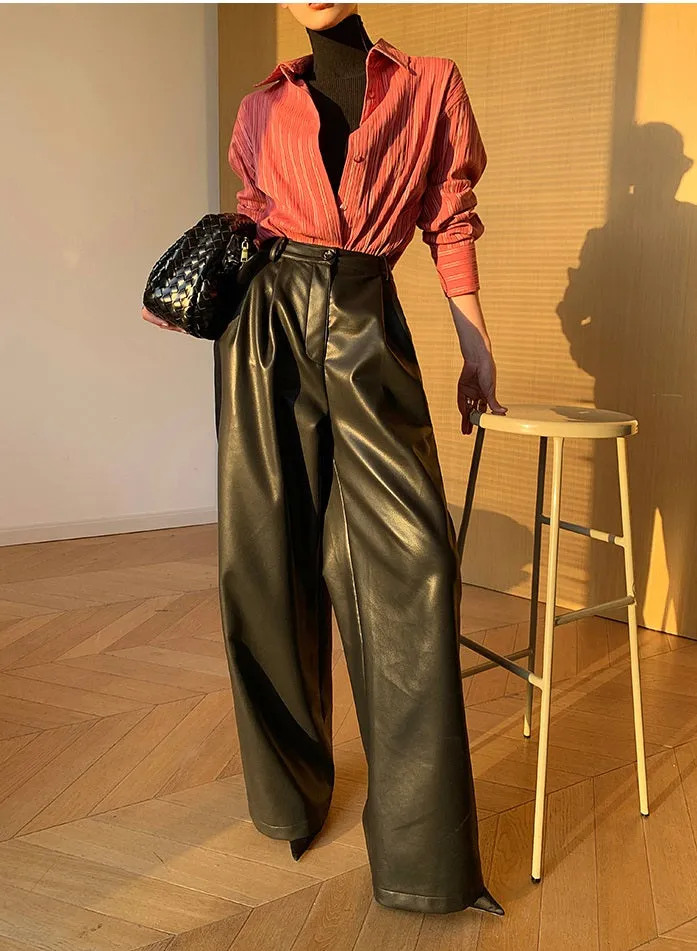 WANXO red retro vegan leather pants new high waist wide leg pants casual straight mopping trousers- Liliana