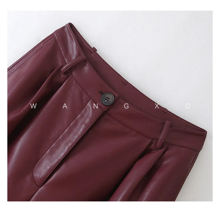 WANXO red retro vegan leather pants new high waist wide leg pants casual straight mopping trousers- Liliana