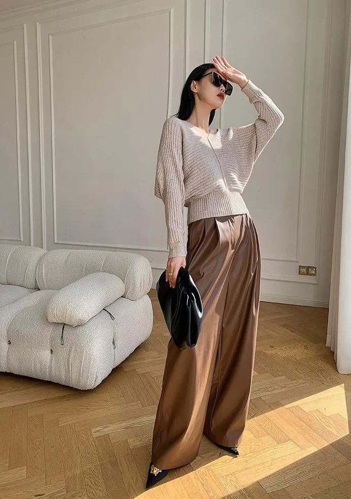 WANXO red retro vegan leather pants new high waist wide leg pants casual straight mopping trousers- Liliana