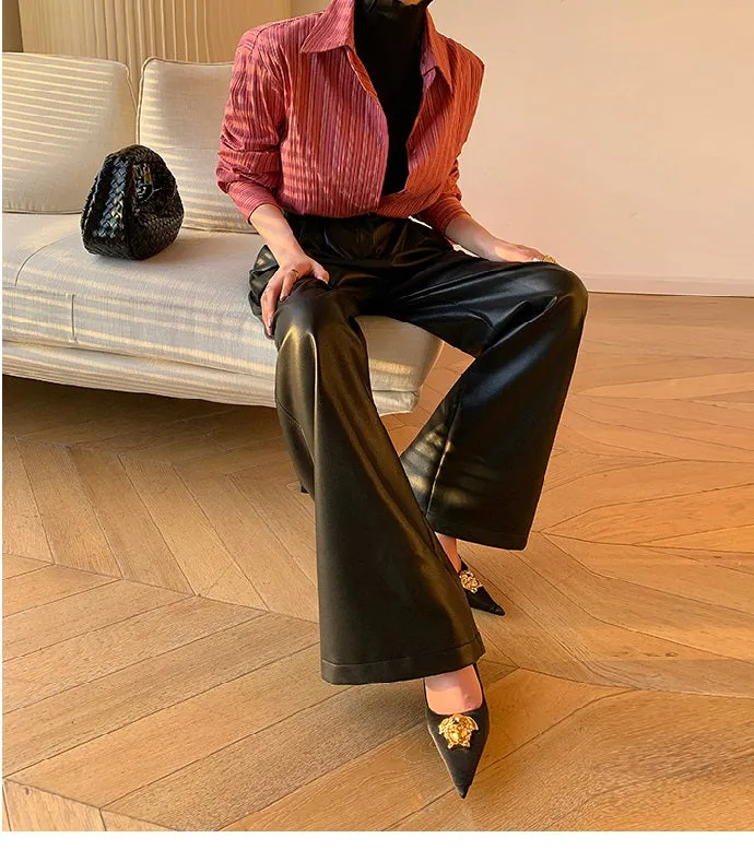 WANXO red retro vegan leather pants new high waist wide leg pants casual straight mopping trousers- Liliana