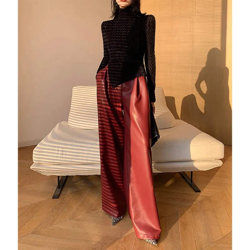 WANXO red retro vegan leather pants new high waist wide leg pants casual straight mopping trousers- Liliana