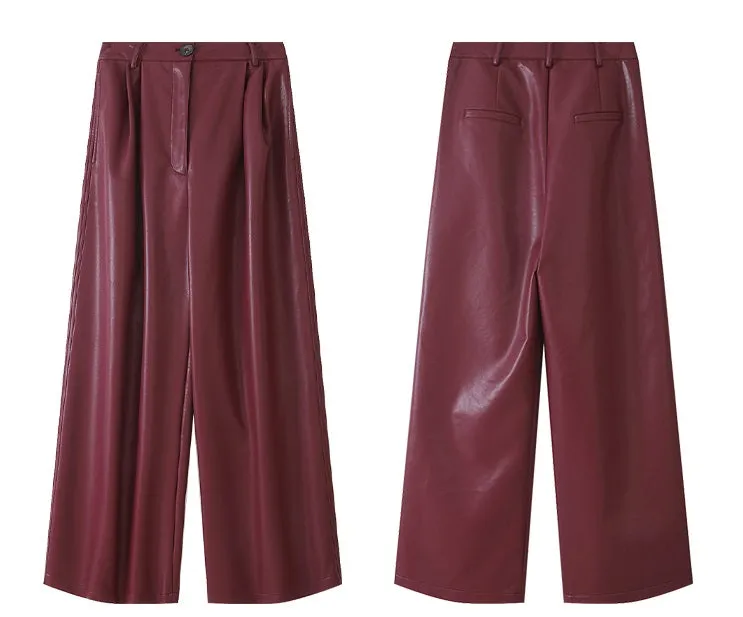 WANXO red retro vegan leather pants new high waist wide leg pants casual straight mopping trousers- Liliana