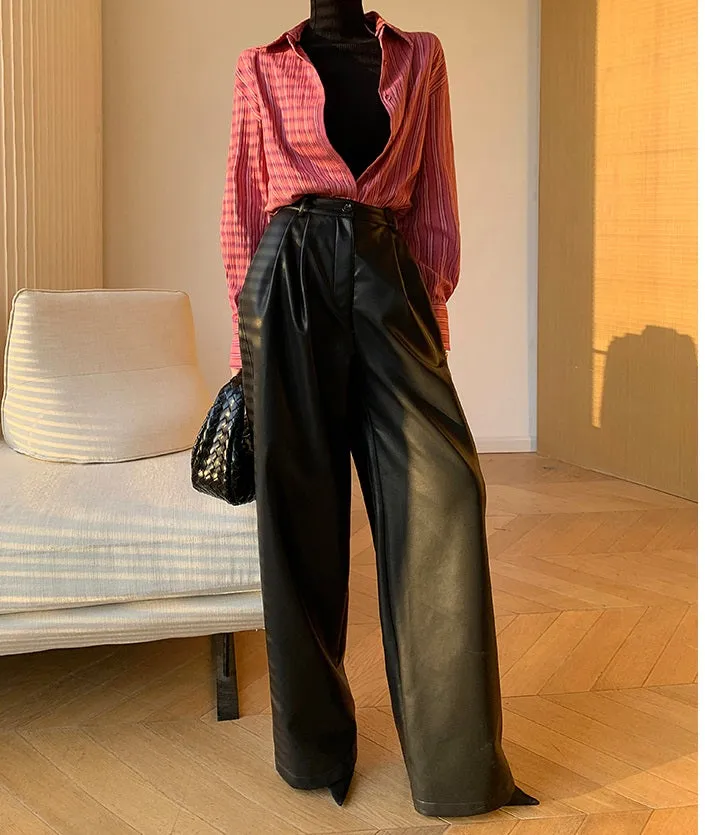 WANXO red retro vegan leather pants new high waist wide leg pants casual straight mopping trousers- Liliana