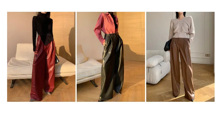 WANXO red retro vegan leather pants new high waist wide leg pants casual straight mopping trousers- Liliana