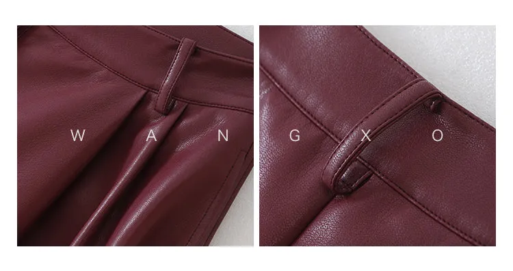 WANXO red retro vegan leather pants new high waist wide leg pants casual straight mopping trousers- Liliana