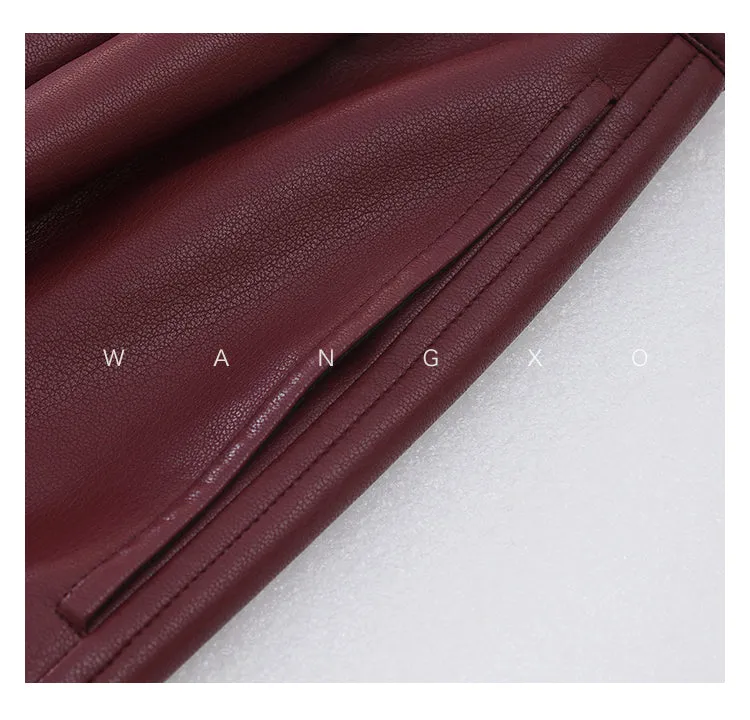 WANXO red retro vegan leather pants new high waist wide leg pants casual straight mopping trousers- Liliana