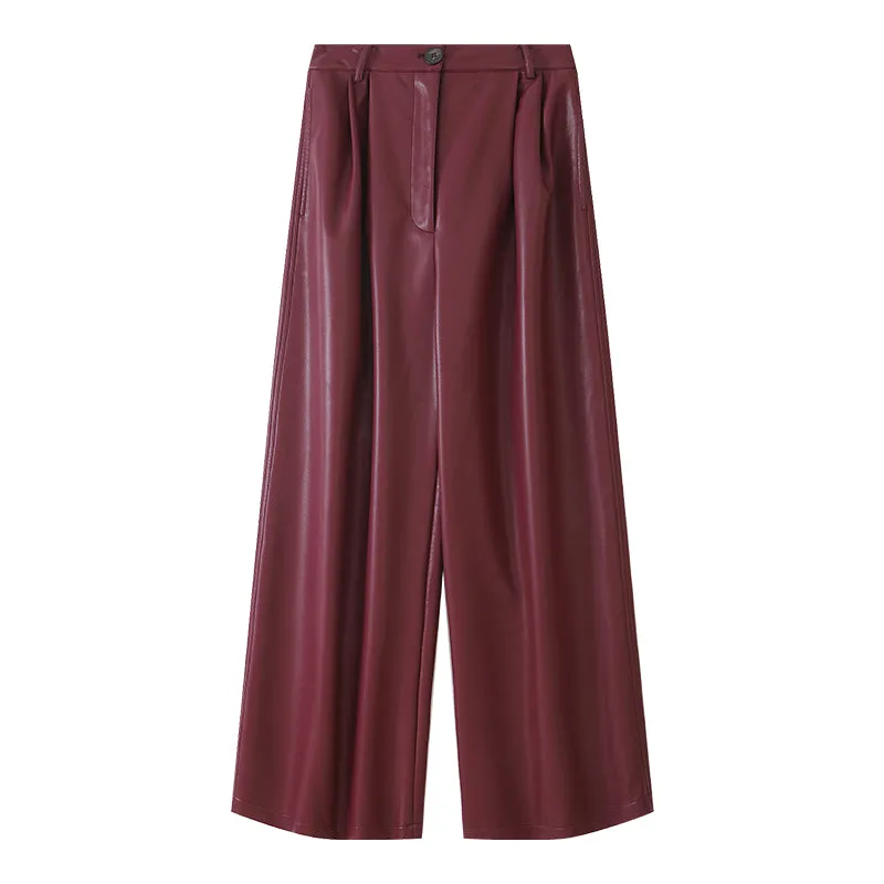 WANXO red retro vegan leather pants new high waist wide leg pants casual straight mopping trousers- Liliana