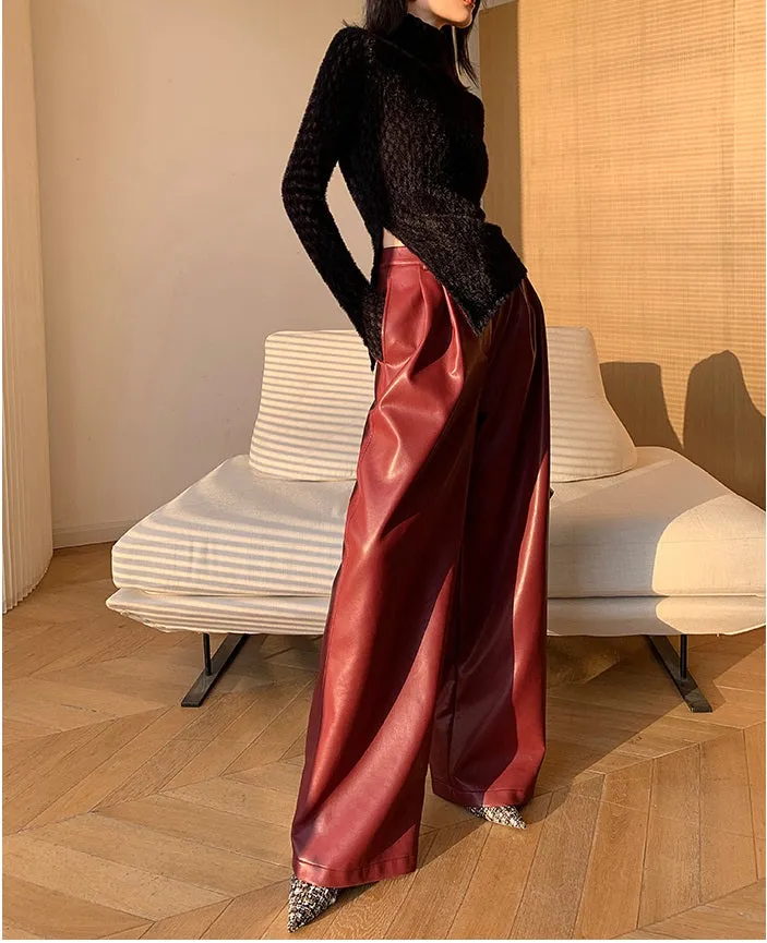 WANXO red retro vegan leather pants new high waist wide leg pants casual straight mopping trousers- Liliana