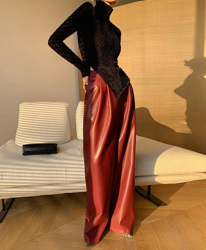 WANXO red retro vegan leather pants new high waist wide leg pants casual straight mopping trousers- Liliana