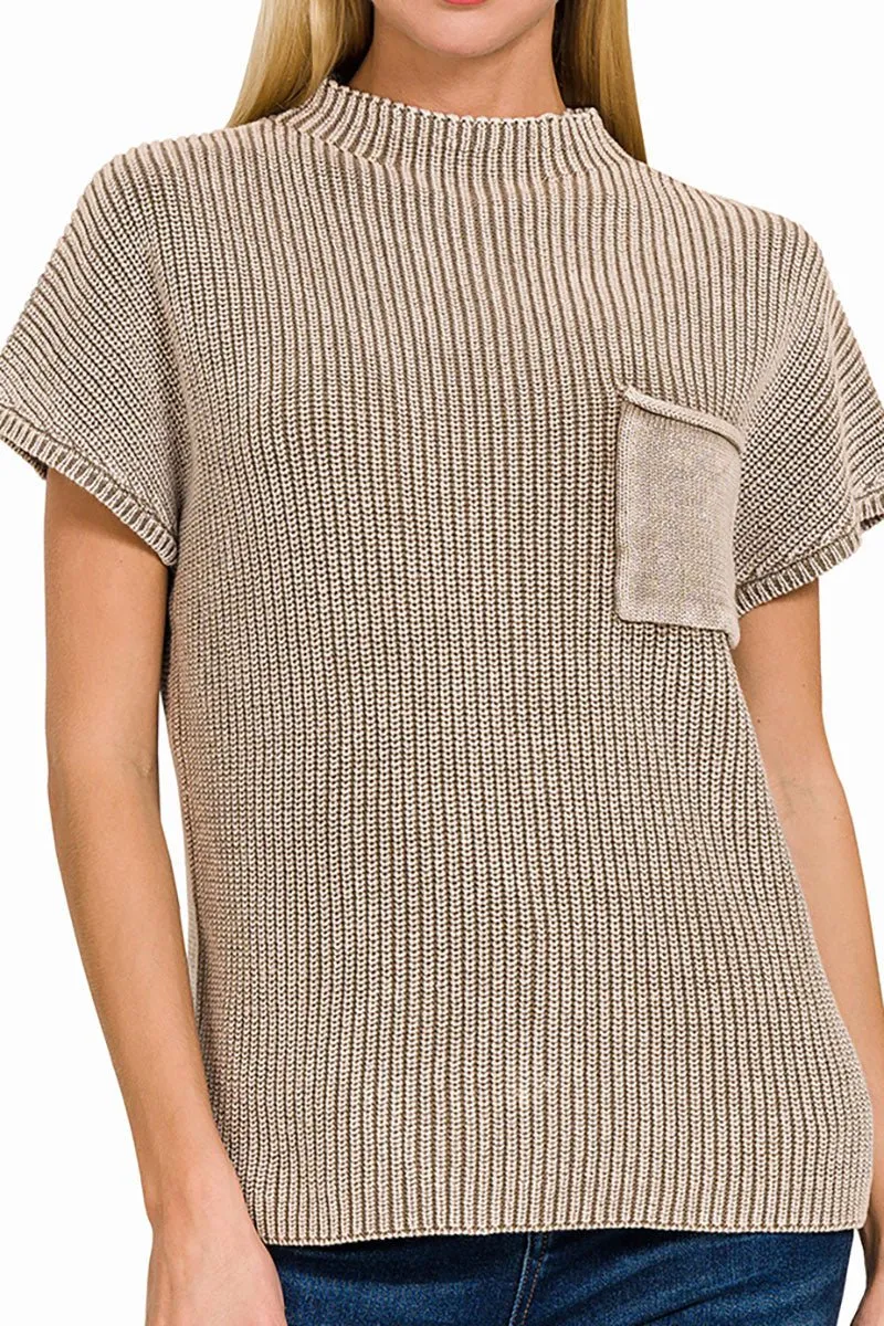 Zenana Milano Mocha Washed Mock Neck Sweater